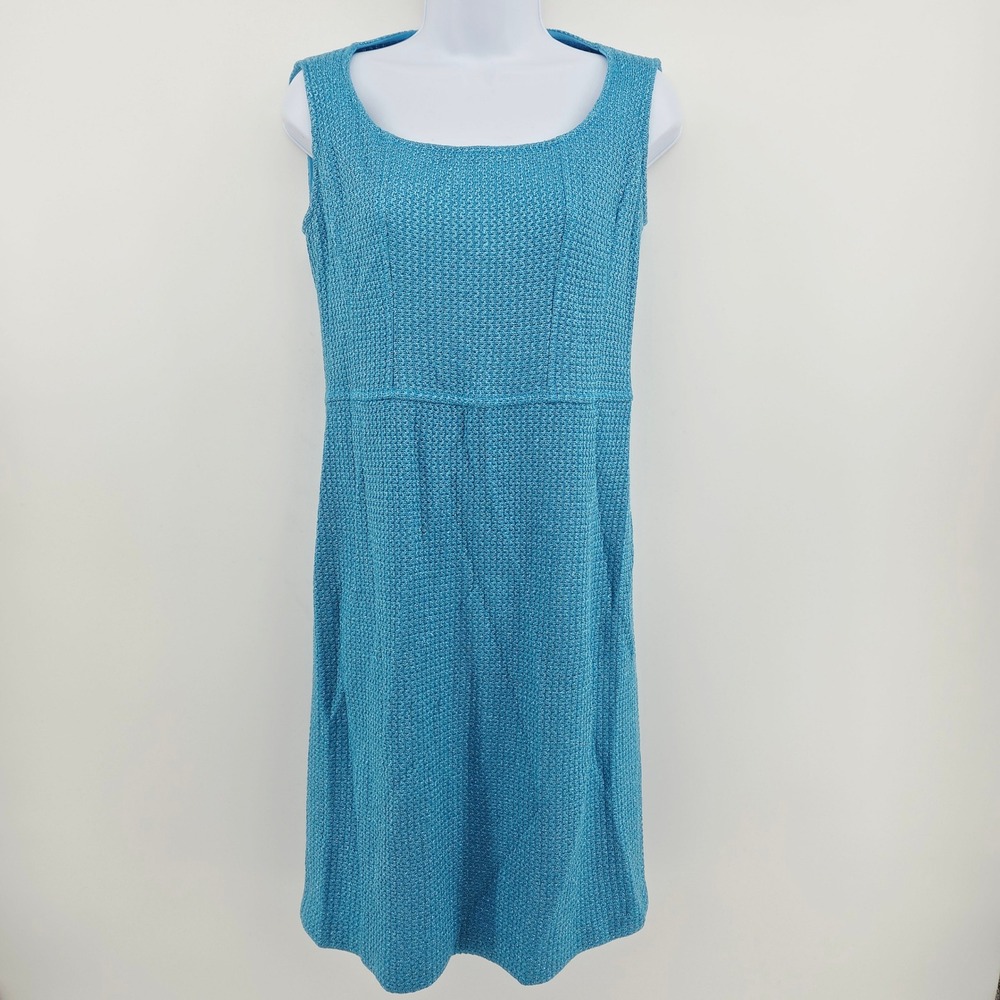 St. John Turquoise Blue Santana Knit Metalic Glimmer Sleeveless Sheath Dress 10 - Picture 2 of 14